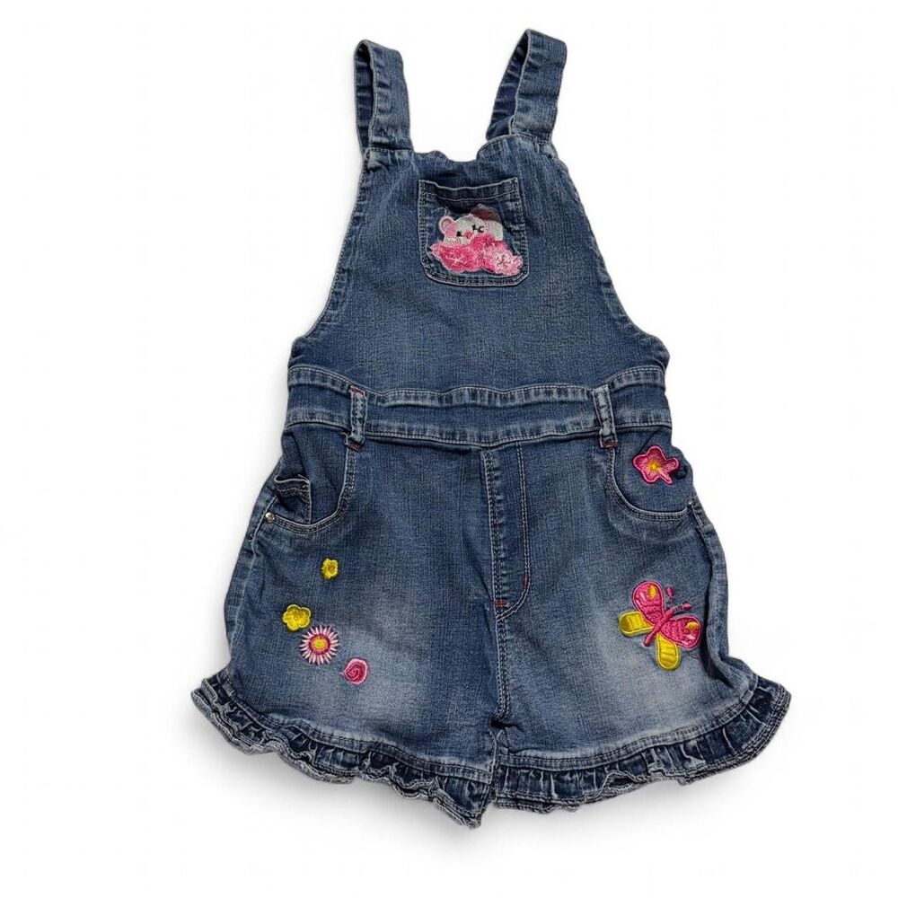 Girls Denim Shortalls Embroidered Teddy Bear Butterfly Ruffle Size 18 Months